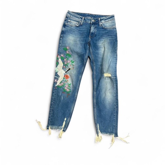 Denim - Blue Embroidered Jeans with Distressed Hem